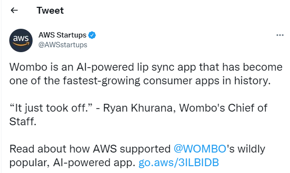aws official tweet supported on Startup Wombo App